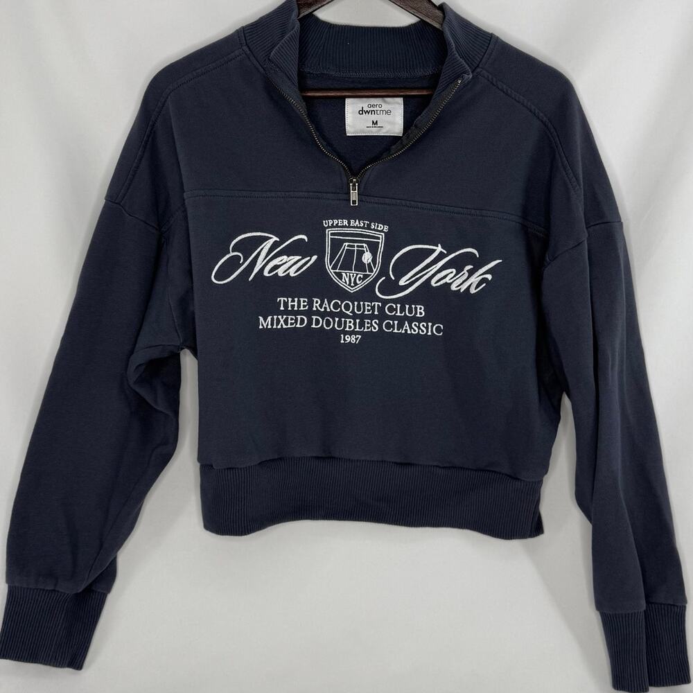 Aéropostale Cropped Half Zip Sweatshirt Medium Blue White New York Embroidered